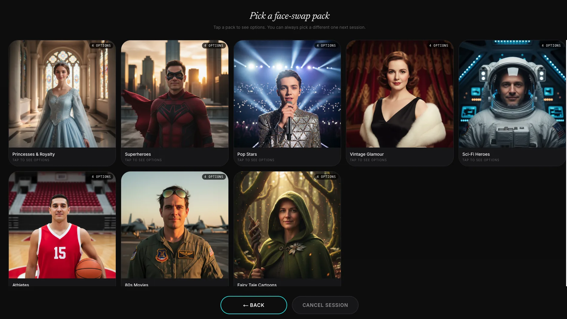 FotoATM Studio kiosk — face-swap pack picker