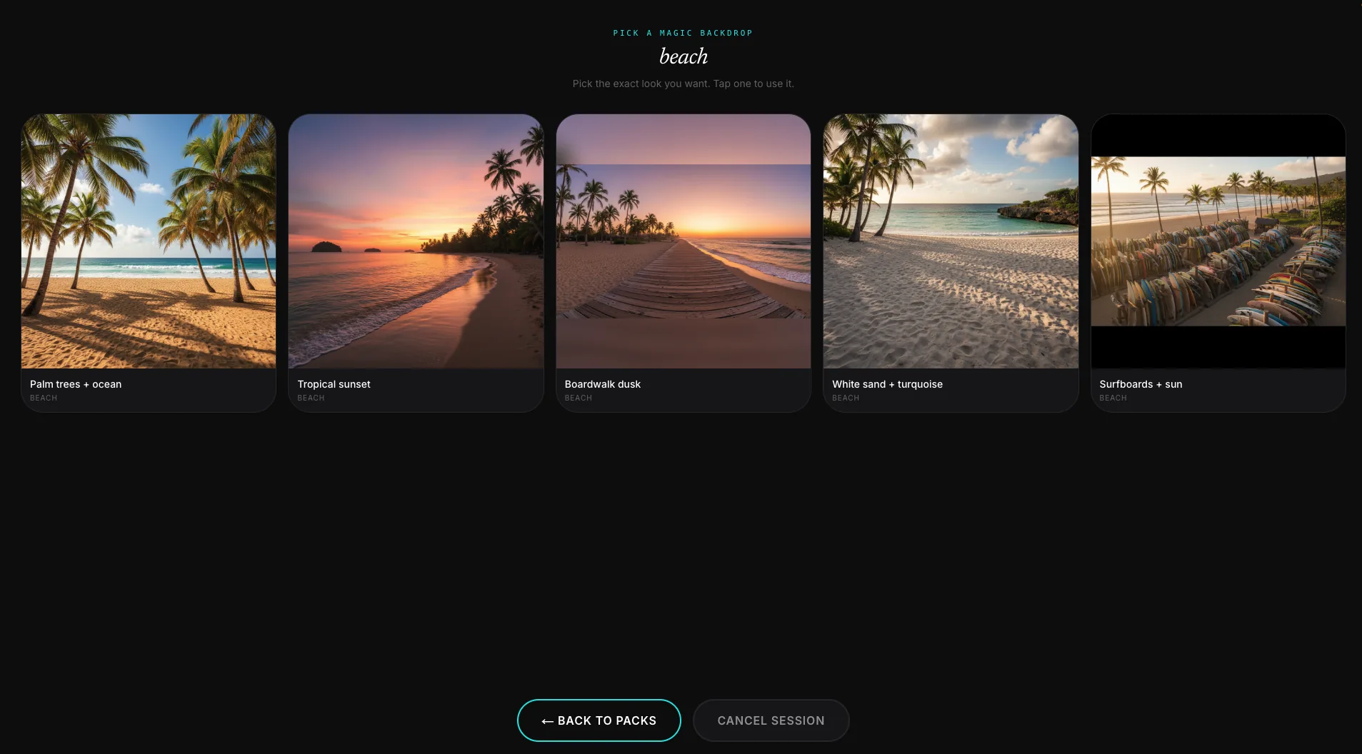 FotoATM Studio kiosk — magic backdrop drilldown (beach)