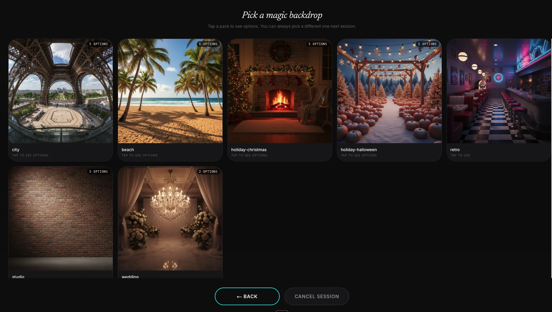 FotoATM Studio kiosk — magic backdrop pack picker